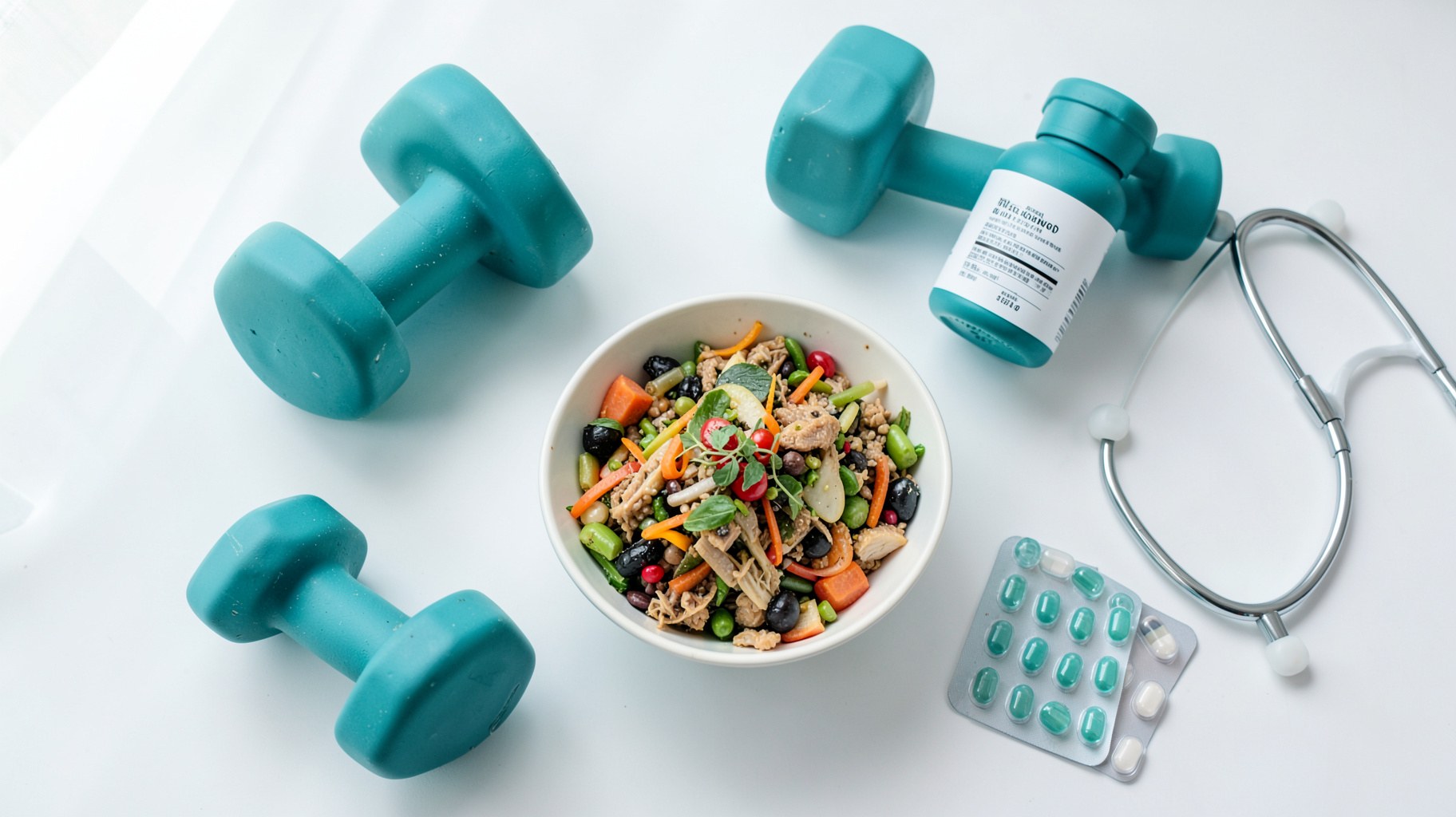 健康的な食事の器、ダンベル、薬のシート、聴診器を白い面に並べて真上から撮影した写真