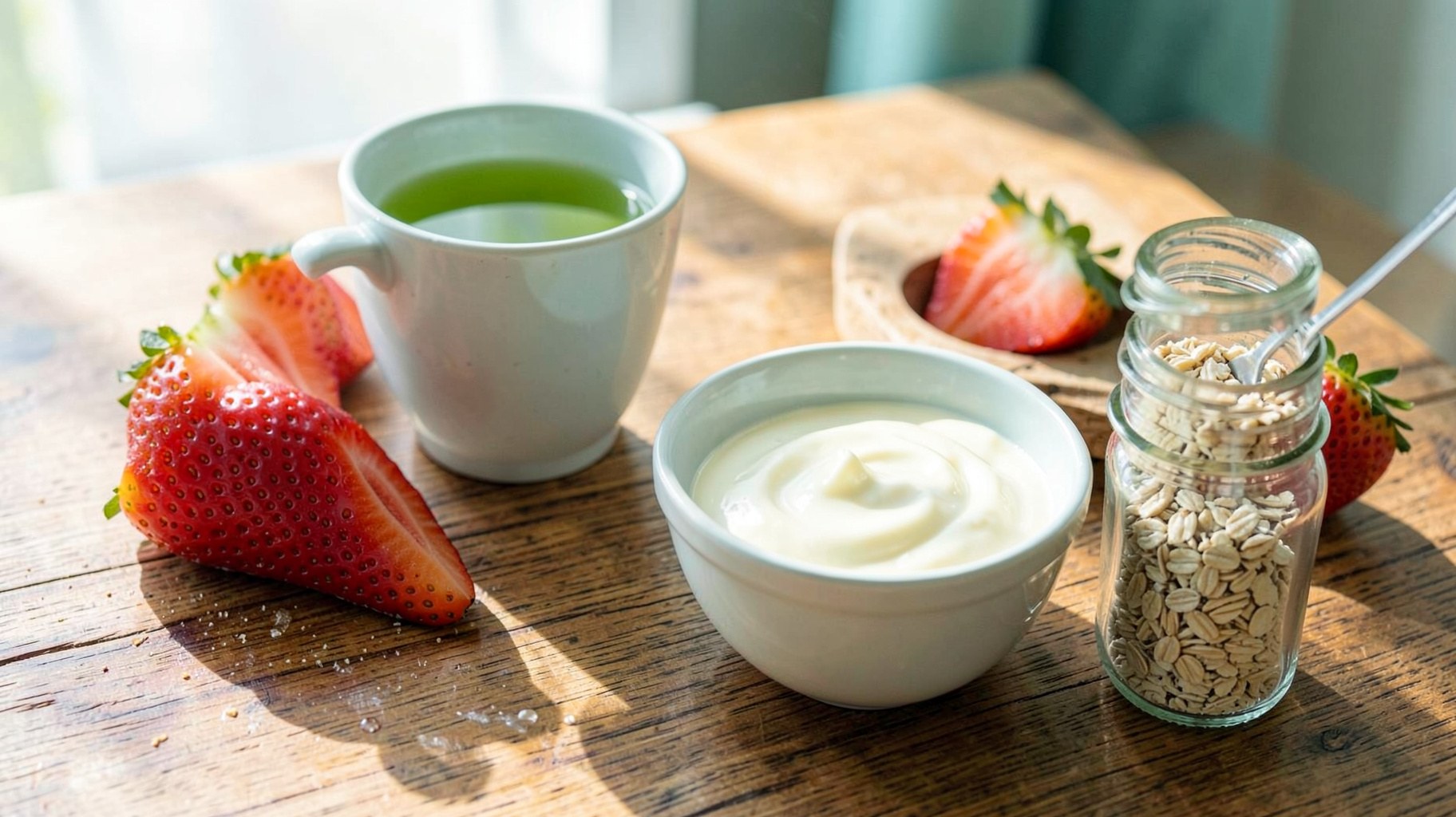 木のテーブルに置かれた緑茶の入った白いカップとヨーグルトの器、オーツ麦の瓶、半分に切ったいちごの静物写真